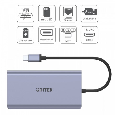 HUB USB-C 2x USB 3.1, HDMI 2.0, DP 1.4, RJ45, SD, PD 100W; D1056A Unitek HUB USB-C 2x USB 3.1, HDMI 2.0, DP 1.4, RJ45, SD, PD 100W; D1056A Unitek