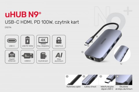 HUB USB-C 9w1, USB-C, HDMI 2.0, RJ45, PD 100W, czytnik SD; D1071A Unitek HUB USB-C 9w1, USB-C, HDMI 2.0, RJ45, PD 100W, czytnik SD; D1071A Unitek