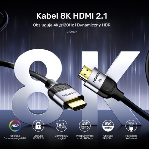 Kabel HDMI 2.1 8K 60Hz 3m; C11086GY01-3M Unitek Kabel HDMI 2.1 8K 60Hz 3m; C11086GY01-3M Unitek