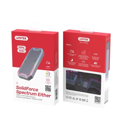 Obudowa dysku SSD M.2 NVMe/SATA 10Gbps, RGB; S1210B Unitek Obudowa dysku SSD M.2 NVMe/SATA 10Gbps, RGB; S1210B Unitek