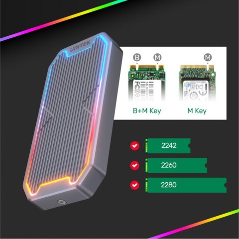 Obudowa dysku SSD M.2 NVMe/SATA 10Gbps, RGB; S1210B Unitek Obudowa dysku SSD M.2 NVMe/SATA 10Gbps, RGB; S1210B Unitek