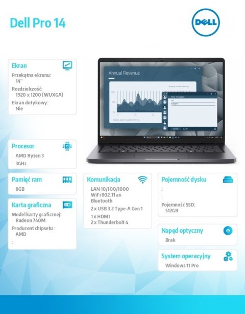 Laptop Dell Pro 14 PC14255/AMD Ryzen 3 210/8GB/512GB SSD CL25/14.0 FHD+/AMD Radeon 740M/FgrPr/Cam & Mic/WLAN + BT/Backlit Kb/3 C