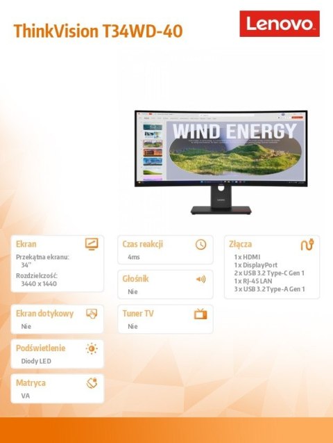 Monitor 34 cale ThinkVision T34WD-40 64AEGAT1EU