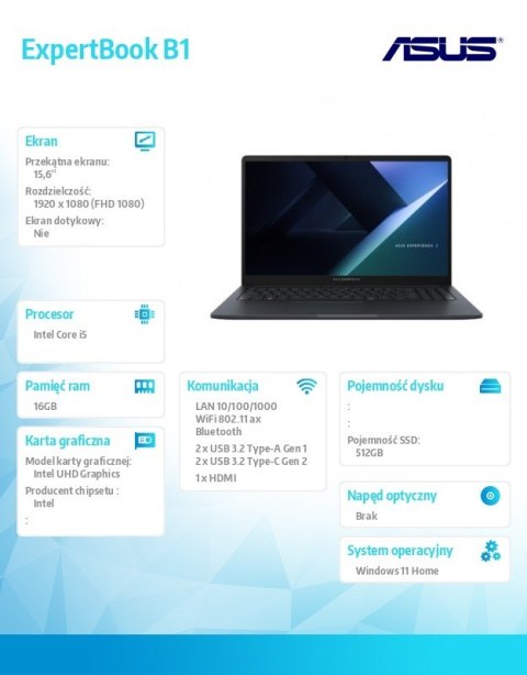 Notebook ExpertBook B1 B1503CVA-S72273W - i5-1334U/16GB/512GB/15.6 FHD/Win 11 HOME /3YRS Asus Notebook ExpertBook B1 B1503CVA-S72273W - i5-1334U/16GB/512GB/15.6 FHD/Win 11 HOME /3YRS Asus