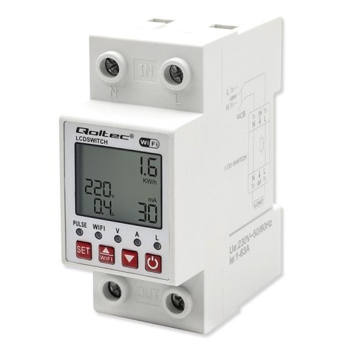 Przekaźnik 63A na szynę DIN z licznikiem energii elektrycznej | Timer | Tuya | Wi-Fi | LED Qoltec Przekaźnik 63A na szynę DIN z licznikiem energii elektrycznej | Timer | Tuya | Wi-Fi | LED Qoltec