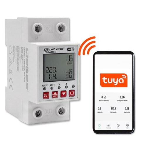 Przekaźnik 63A na szynę DIN z licznikiem energii elektrycznej | Timer | Tuya | Wi-Fi | LED Qoltec Przekaźnik 63A na szynę DIN z licznikiem energii elektrycznej | Timer | Tuya | Wi-Fi | LED Qoltec
