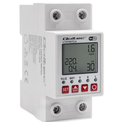 Przekaźnik 63A na szynę DIN z licznikiem energii elektrycznej | Timer | Tuya | Wi-Fi | LED Qoltec Przekaźnik 63A na szynę DIN z licznikiem energii elektrycznej | Timer | Tuya | Wi-Fi | LED Qoltec