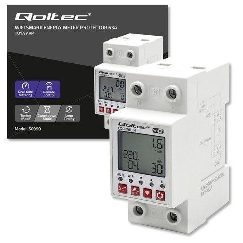 Przekaźnik 63A na szynę DIN z licznikiem energii elektrycznej | Timer | Tuya | Wi-Fi | LED Qoltec Przekaźnik 63A na szynę DIN z licznikiem energii elektrycznej | Timer | Tuya | Wi-Fi | LED Qoltec