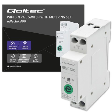 Przekaźnik 63A na szynę DIN z licznikiem energii elektrycznej | eWeLink od Sonoff | Wi-Fi | Dioda LED Qoltec