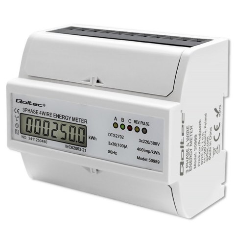 Trójfazowy dwukierunkowy elektroniczny licznik | miernik zużycia energii na szynę DIN | 400V | 100A | LCD | 4P Qoltec