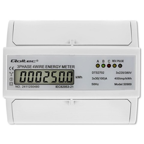 Trójfazowy dwukierunkowy elektroniczny licznik | miernik zużycia energii na szynę DIN | 400V | 100A | LCD | 4P Qoltec