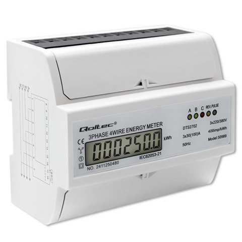 Trójfazowy dwukierunkowy elektroniczny licznik | miernik zużycia energii na szynę DIN | 400V | 100A | LCD | 4P Qoltec