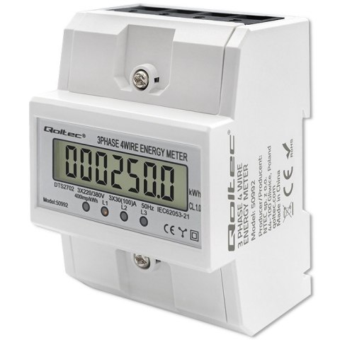 Trójfazowy elektroniczny licznik | miernik zużycia energii na szynę DIN | 400V | 100A | LCD | 4P Qoltec Trójfazowy elektroniczny licznik | miernik zużycia energii na szynę DIN | 400V | 100A | LCD | 4P Qoltec