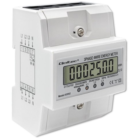 Trójfazowy elektroniczny licznik | miernik zużycia energii na szynę DIN | 400V | 100A | LCD | 4P Qoltec Trójfazowy elektroniczny licznik | miernik zużycia energii na szynę DIN | 400V | 100A | LCD | 4P Qoltec