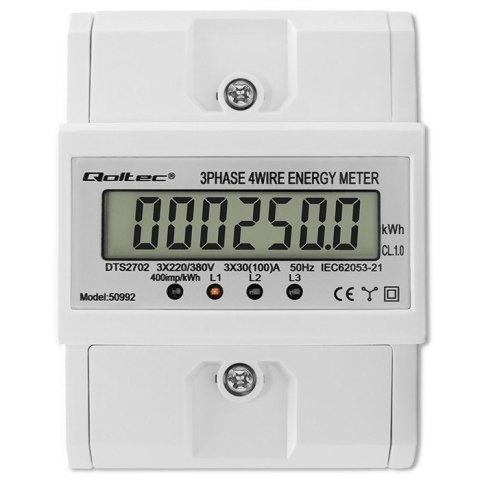 Trójfazowy elektroniczny licznik | miernik zużycia energii na szynę DIN | 400V | 100A | LCD | 4P Qoltec Trójfazowy elektroniczny licznik | miernik zużycia energii na szynę DIN | 400V | 100A | LCD | 4P Qoltec
