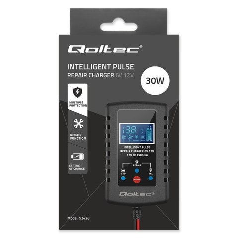 Automatyczna ładowarka do akumulatora AGM GEL STD 6V/12V | 2A | Prostownik z funkcją naprawy i wyświetlaczem LED Qoltec Automatyczna ładowarka do akumulatora AGM GEL STD 6V/12V | 2A | Prostownik z funkcją naprawy i wyświetlaczem LED Qoltec