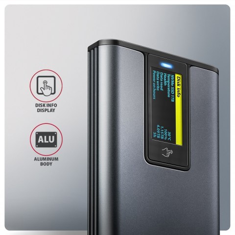EEM2-SD2 Obudowa zewnętrzna aluminiowa bezśrubowa USB-A/C 3.2 Gen2 M.2 NVMe/SATA display LCD AXAGON