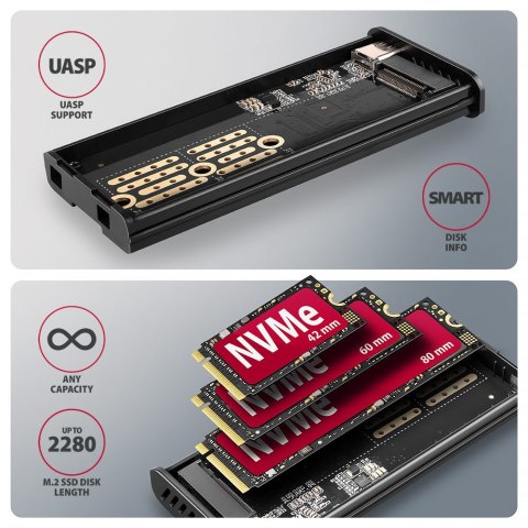 EEM2-SD2 Obudowa zewnętrzna aluminiowa bezśrubowa USB-A/C 3.2 Gen2 M.2 NVMe/SATA display LCD AXAGON