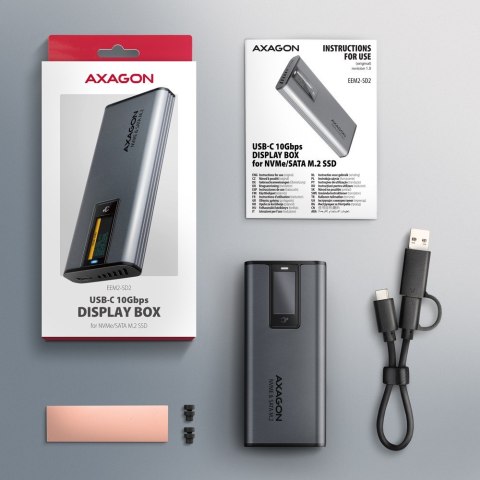 EEM2-SD2 Obudowa zewnętrzna aluminiowa bezśrubowa USB-A/C 3.2 Gen2 M.2 NVMe/SATA display LCD AXAGON