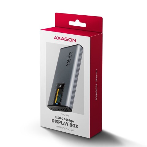 EEM2-SD2 Obudowa zewnętrzna aluminiowa bezśrubowa USB-A/C 3.2 Gen2 M.2 NVMe/SATA display LCD AXAGON