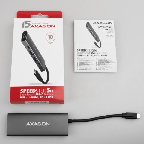 HMC-5G21 Wieloportowy hub USB 5in1, 10Gbps, 2x USB-A + 2x USB-C + HDMI 4K/30Hz, PD 60W, 13cm USB-C kabel AXAGON