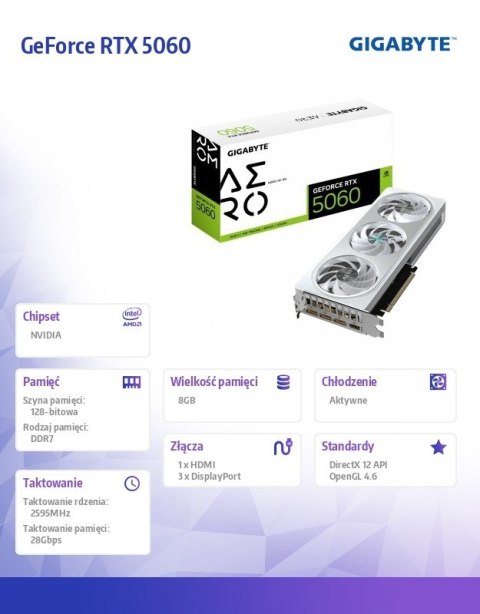 Karta graficzna GeForce RTX 5060 AERO OC 8G GDDR7 3DP/HDMI Gigabyte Karta graficzna GeForce RTX 5060 AERO OC 8G GDDR7 3DP/HDMI Gigabyte