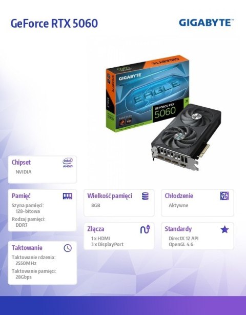 Karta graficzna GeForce RTX 5060 EAGLE OC 8G GDDR7 3DP/HDMI Gigabyte Karta graficzna GeForce RTX 5060 EAGLE OC 8G GDDR7 3DP/HDMI Gigabyte