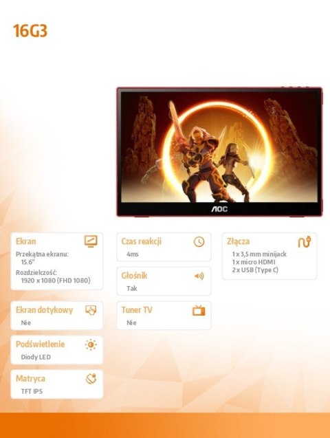 Monitor 16G3 15.6 cala IPS 144 Hz MicroHDMI USB-C AOC