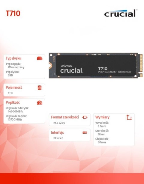 Dysk SSD T710 1TB M.2 NVMe 2280 PCIe 5.0 14900/13700 Crucial Dysk SSD T710 1TB M.2 NVMe 2280 PCIe 5.0 14900/13700 Crucial