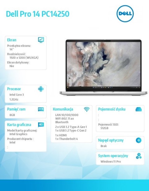 Laptop Dell Pro 14 PC14250 W11P C3 100U/8GB/512GB/14.0 FHD+/INT/FgrPr/FHD/IRCam/Mic/WLAN+BT/BcklKb/3C/3YPS Magnetite color, text Dell