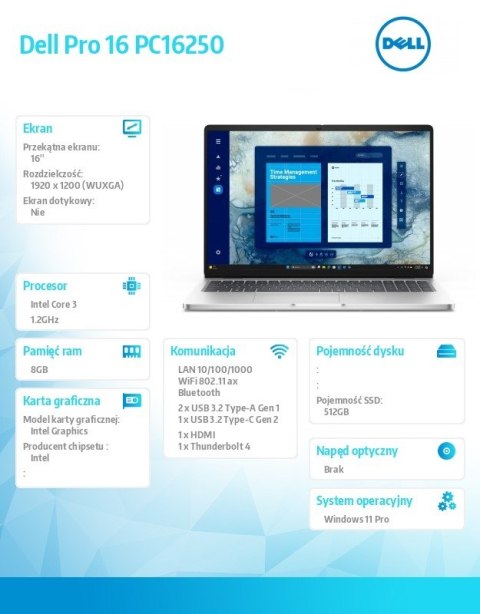 Laptop Dell Pro 16 PC16250 W11P C3 100U/8GB/512GB CL25/16.0 FHD+/Int/FgrPr/Cam&Mic/WLAN+BT/BcklKb/3C/3YPS Magnetite color, textu