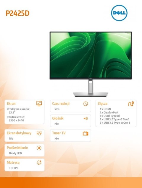 Monitor 23.8 cala P2425D IPS LED QHD (2560x1440)/16:9/HDMI/DP/USB-C/3x USB/5Y AES&PPG