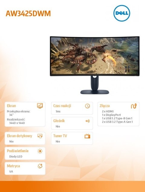 Monitor AW3425DWM 34 cale Curved AMD FreeSync VA 180Hz WQHD (3440x1440)/21:9/1xDP/2xHDMI/2xUSB 3.2/3Y AES&PPE