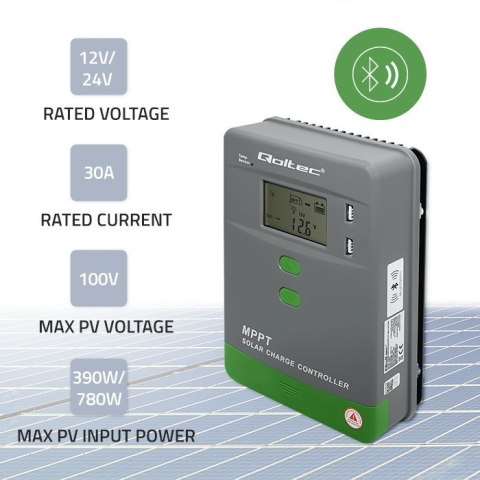 Solarny regulator ładowania MPPT z czujnikiem temperatury 30A | 12V/24V | LCD | 2xUSB | Bluetooth | APP | GEL | LiFePO4 Qoltec