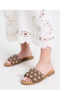 Sandał Klapki Model Elegance Kwiaty GQ8-057 Beige Khaki - Inello