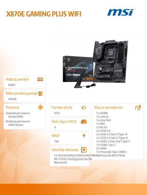 Płyta główna X870E GAMING PLUS WIFI AM5 4DDR5 ATX MSI