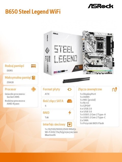 Płyta główna B650 STEEL LEGEND WIFI AM5 4DDR5 HDMI/DP M.2 ATX ASRock Płyta główna B650 STEEL LEGEND WIFI AM5 4DDR5 HDMI/DP M.2 ATX ASRock