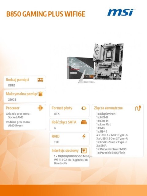 Płyta główna B850 GAMING PLUS WIFI6E AM5 4DDR5 ATX MSI