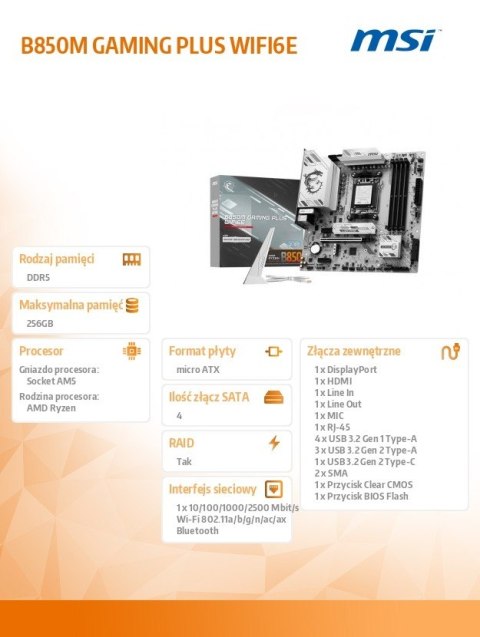 Płyta główna B850M GAMING PLUS WIFI6E AM5 4DDR5 mATX MSI