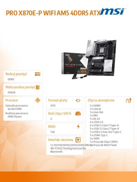 Płyta główna PRO X870E-P WIFI AM5 4DDR5 ATX MSI