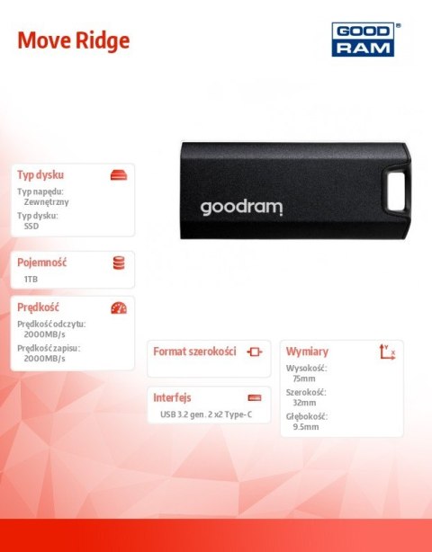 Dysk zewnętrzny SSD Move Ridge 1TB 2000/2000MB/s GOODRAM Dysk zewnętrzny SSD Move Ridge 1TB 2000/2000MB/s GOODRAM