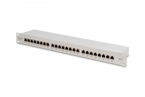 Patch panel 19" 24 porty, kat.6, S/FTP, 1U, wspornik kablowy, szary (kompletny) Digitus