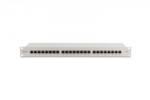 Patch panel 19" 24 porty, kat.6, S/FTP, 1U, wspornik kablowy, szary (kompletny) Digitus