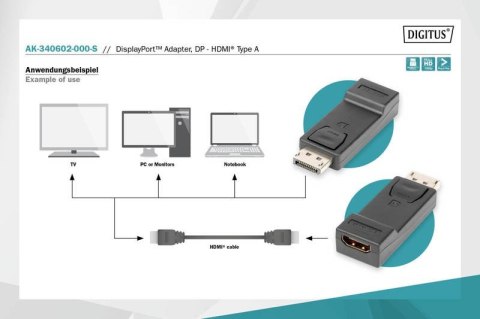 Adapter Displayport 1080p 60Hz FHD Typ DP/HDMI A M/Ż czarny Digitus