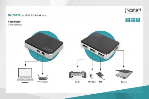 HUB/Koncentrator 4-portowy USB 2.0 HighSpeed, aktywny, czarno-srebrny Digitus