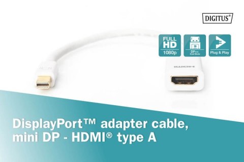 Kabel adapter Displayport 1080p 60Hz FHD Typ miniDP/HDMI A M/Ż biały 0,15m Digitus