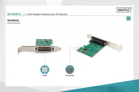 Karta rozszerzeń (Kontroler) LPT PCI Express, 1xDB25, Low Profile, Chipset: ASIX99100 Digitus
