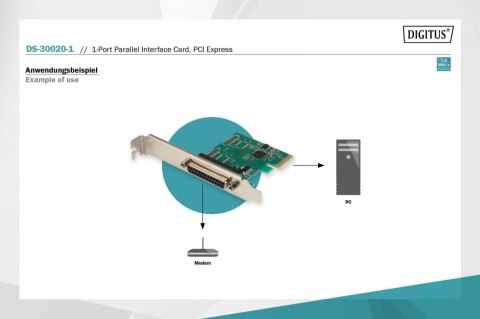 Karta rozszerzeń (Kontroler) LPT PCI Express, 1xDB25, Low Profile, Chipset: ASIX99100 Digitus