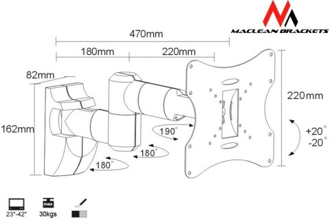 Uchwyt do monitora 23-42'' 30 kg uniwersalny MC-503A S max vesa 200 srebrny Maclean
