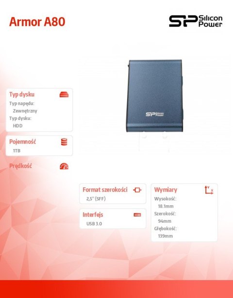 ARMOR A80 1TB USB3.0 PANCERNY / wibro/pyło/wstrząso i wodoodporny Silicon Power ARMOR A80 1TB USB3.0 PANCERNY / wibro/pyło/wstrząso i wodoodporny Silicon Power